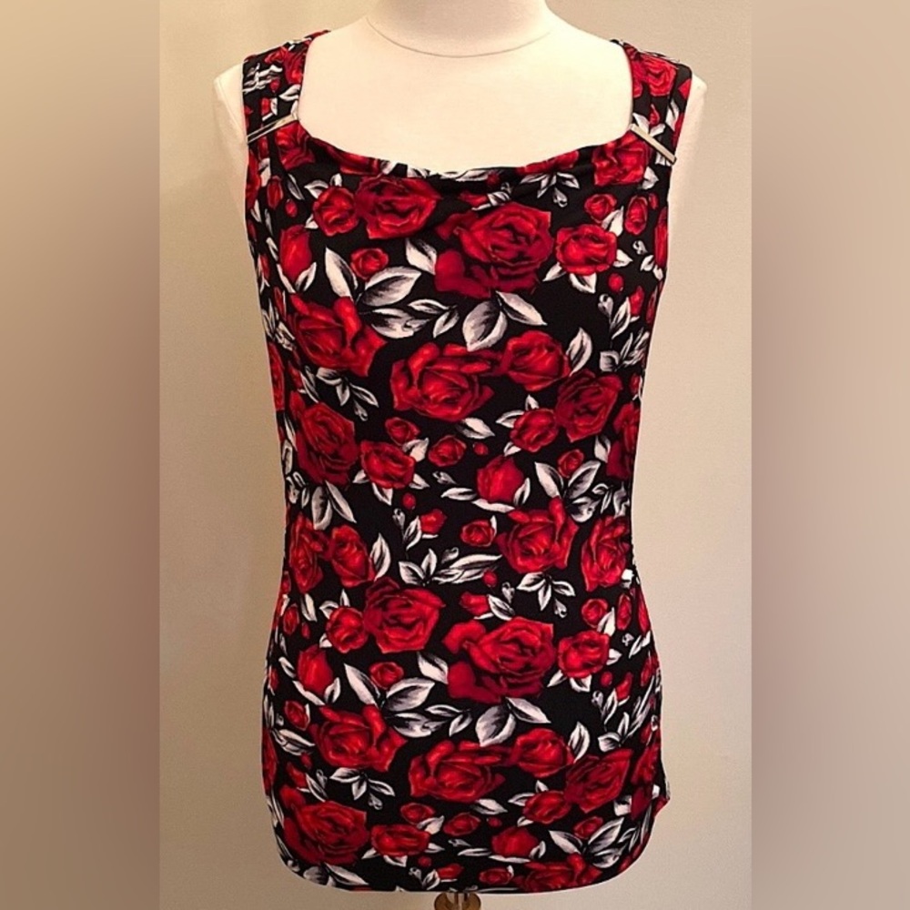 White House Black Market Black Red Dark Moody Floral S Gothic Romantic Chic Top